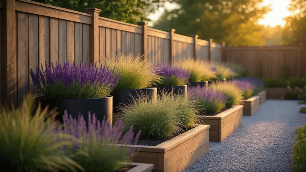Photorealistic image of tiered raised flower beds filled with purple salvia, lavender, and ornamental grasses, alongside a weathered cedar fence during golden hour, featuring black metal planters and polished pea gravel pathways, with a soft bokeh background and cinematic warm sunset tones.