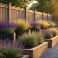 Photorealistic image of tiered raised flower beds filled with purple salvia, lavender, and ornamental grasses, alongside a weathered cedar fence during golden hour, featuring black metal planters and polished pea gravel pathways, with a soft bokeh background and cinematic warm sunset tones.