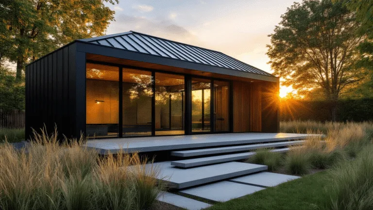 Photorealistic modern backyard shed with a black metal roof, floor-to-ceiling windows, cedar and matte black cladding, and minimal landscaping, captured at golden hour in ultra HD 8K resolution.