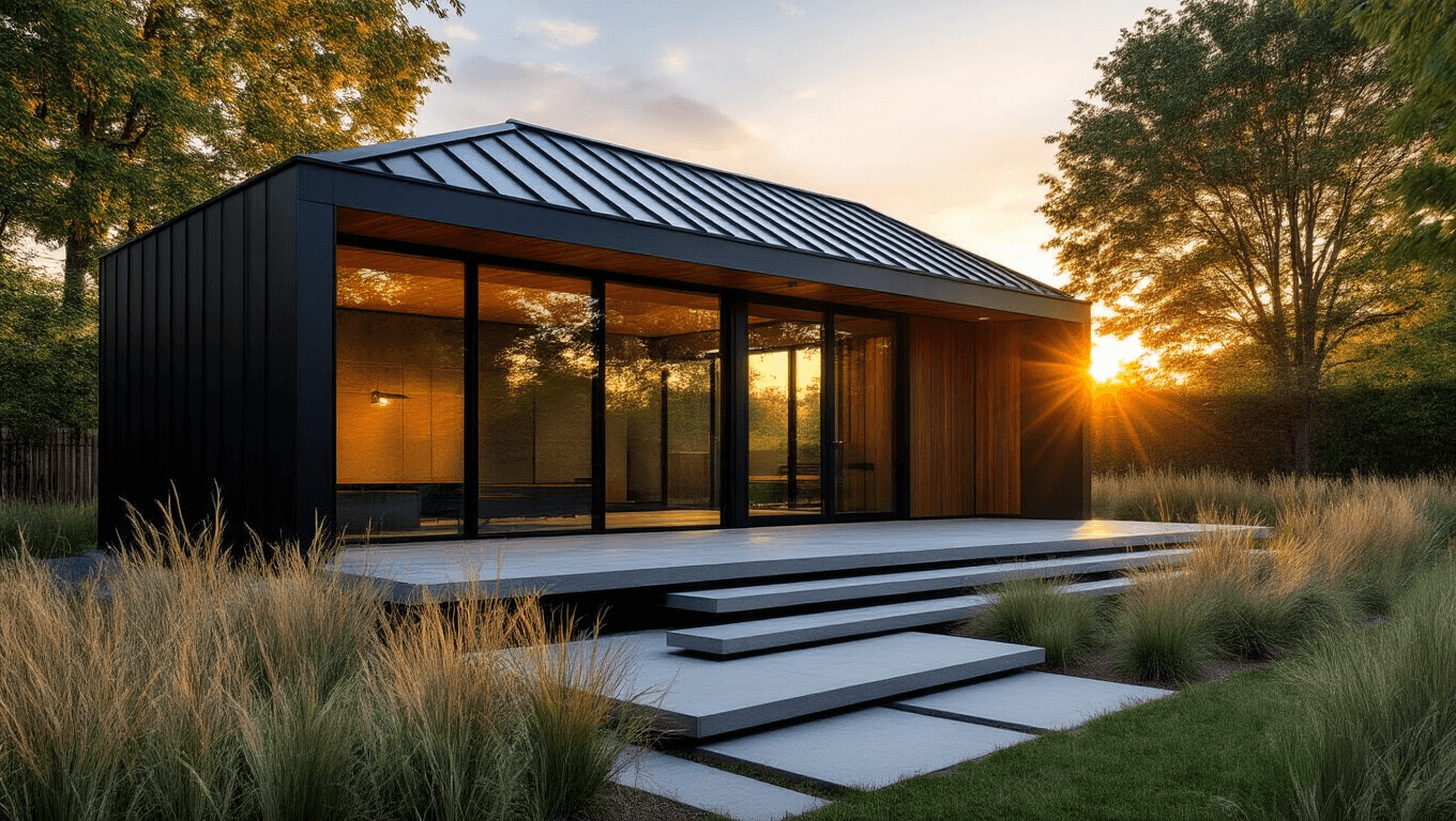 Photorealistic modern backyard shed with a black metal roof, floor-to-ceiling windows, cedar and matte black cladding, and minimal landscaping, captured at golden hour in ultra HD 8K resolution.