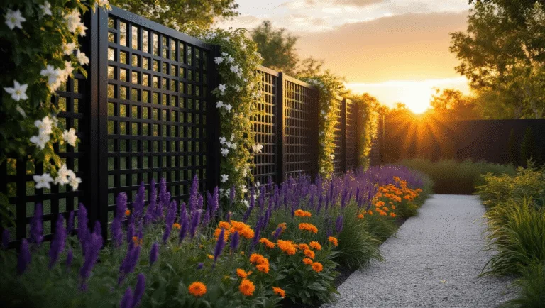 Cinematic wide-angle view of a modern garden at sunset, featuring a matte black metal fence with geometric patterns entwined with white jasmine, vibrant purple salvias, and orange lantanas, illuminated by golden sunlight casting dramatic shadows on a gravel path, with soft bokeh and string lights in the background.
