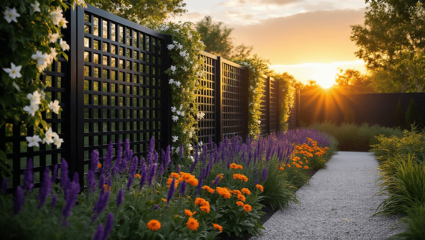 Cinematic wide-angle view of a modern garden at sunset, featuring a matte black metal fence with geometric patterns entwined with white jasmine, vibrant purple salvias, and orange lantanas, illuminated by golden sunlight casting dramatic shadows on a gravel path, with soft bokeh and string lights in the background.