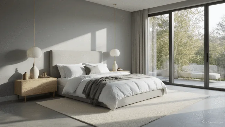 A spacious, modern bedroom bathed in soft morning sunlight, featuring dove grey walls, a king-size platform bed with white linens, and grey cashmere throws, complemented by bleached oak nightstands and ceramic lamps, all set on polished concrete floors with an ivory wool area rug.