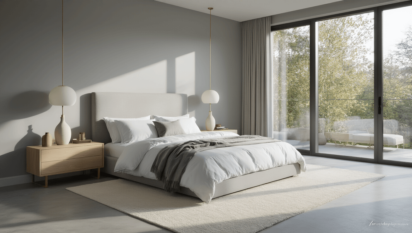 A spacious, modern bedroom bathed in soft morning sunlight, featuring dove grey walls, a king-size platform bed with white linens, and grey cashmere throws, complemented by bleached oak nightstands and ceramic lamps, all set on polished concrete floors with an ivory wool area rug.