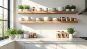 Kitchen Open Shelving: Transform Your Space with Modern Decor Magic Photorealistic image of a sunlit modern kitchen featuring three-tiered floating oak shelves, white ceramic dinnerware, glass storage containers, and potted herbs against a white subway tile backsplash, captured at a 45-degree angle with soft natural lighting.