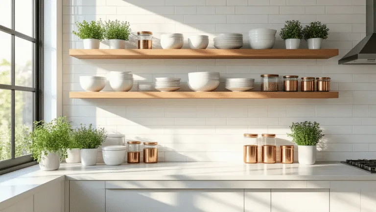 Photorealistic image of a sunlit modern kitchen featuring three-tiered floating oak shelves, white ceramic dinnerware, glass storage containers, and potted herbs against a white subway tile backsplash, captured at a 45-degree angle with soft natural lighting.