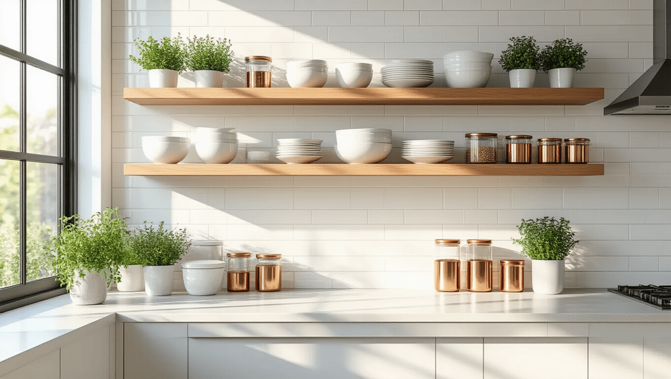 Photorealistic image of a sunlit modern kitchen featuring three-tiered floating oak shelves, white ceramic dinnerware, glass storage containers, and potted herbs against a white subway tile backsplash, captured at a 45-degree angle with soft natural lighting.