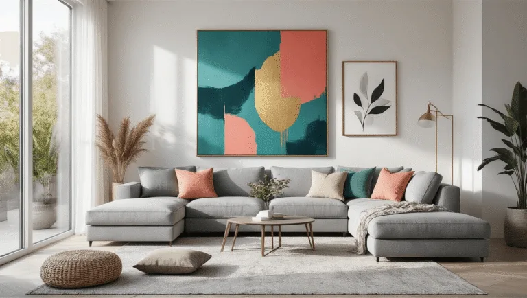 A contemporary living room with floor-to-ceiling windows showcasing a large abstract canvas above a modern grey sectional sofa, surrounded by DIY geometric and textured artwork in various colors and styles, complemented by mid-century modern furniture and warm lighting.