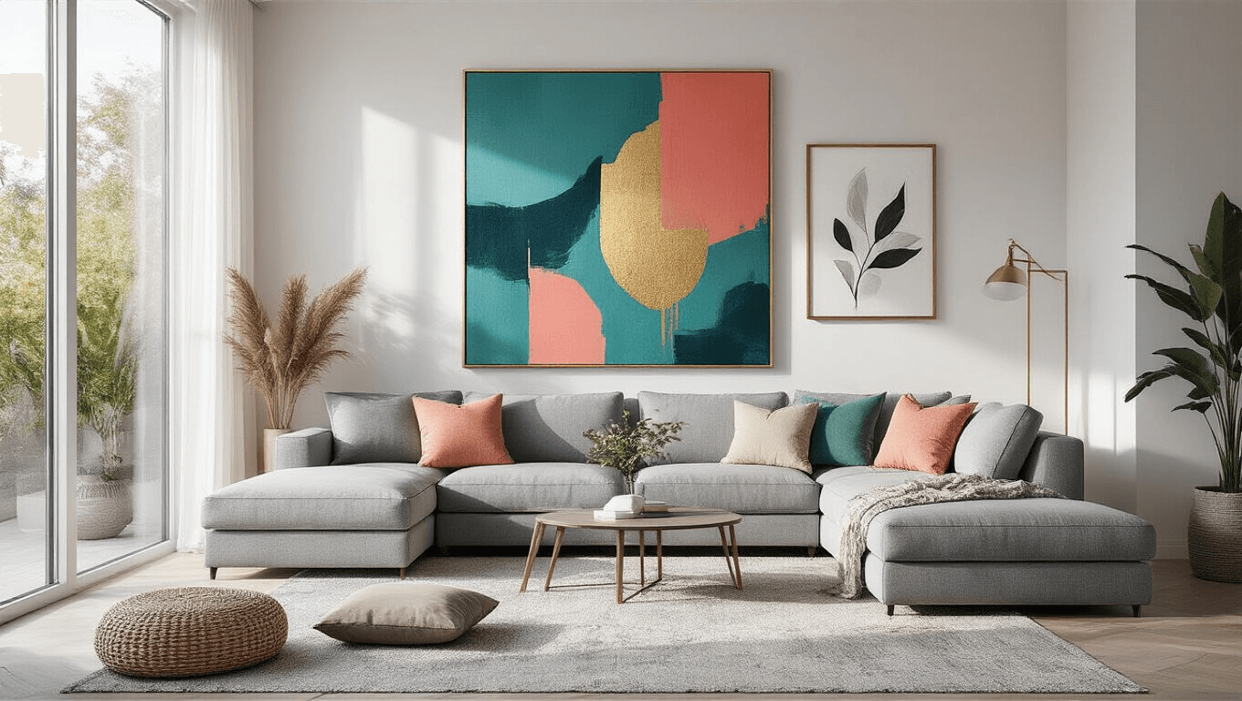 A contemporary living room with floor-to-ceiling windows showcasing a large abstract canvas above a modern grey sectional sofa, surrounded by DIY geometric and textured artwork in various colors and styles, complemented by mid-century modern furniture and warm lighting.