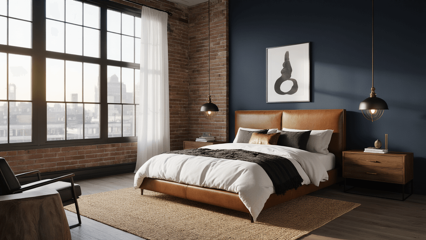 A sophisticated masculine bedroom featuring a dark walnut platform bed with a cognac leather headboard, deep navy accent wall, and crisp white linens, illuminated by golden hour light through floor-to-ceiling windows, with industrial pendant lights and minimalistic artwork.