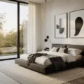A luxurious modern bedroom with a low-profile charcoal platform bed, crisp white linens, walnut nightstands, and abstract art, illuminated by golden hour light through floor-to-ceiling windows, featuring plush textures and a hyperrealistic aesthetic.