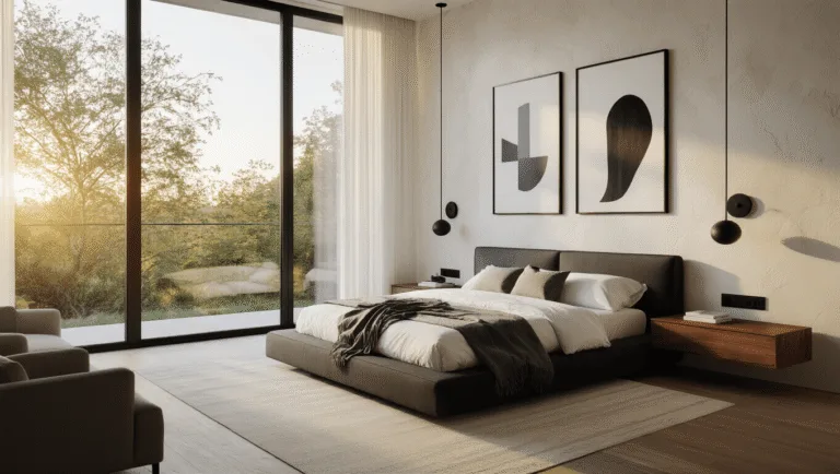 A luxurious modern bedroom with a low-profile charcoal platform bed, crisp white linens, walnut nightstands, and abstract art, illuminated by golden hour light through floor-to-ceiling windows, featuring plush textures and a hyperrealistic aesthetic.