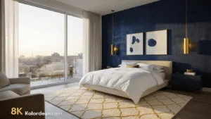 Bedroom Wall Ideas: Transform Your Space with Style and Personality A luxurious modern bedroom featuring a navy blue accent wall, low-profile bed with white linens, golden hour light from floor-to-ceiling windows, and elegant decor, captured in photorealistic style.