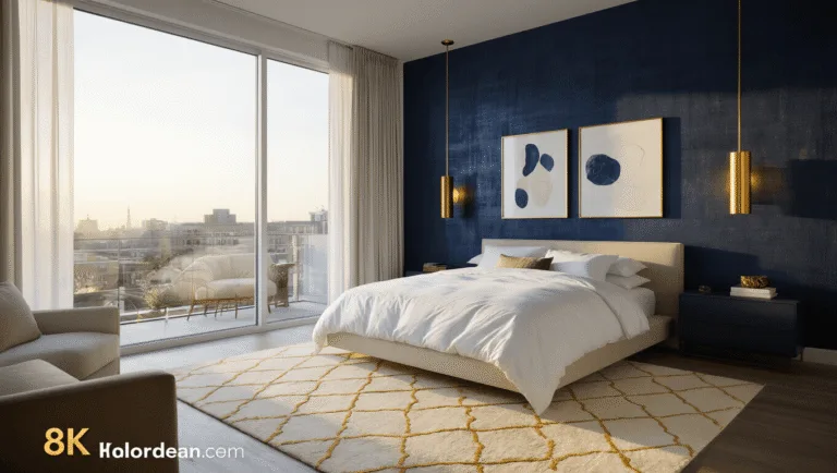 A luxurious modern bedroom featuring a navy blue accent wall, low-profile bed with white linens, golden hour light from floor-to-ceiling windows, and elegant decor, captured in photorealistic style.