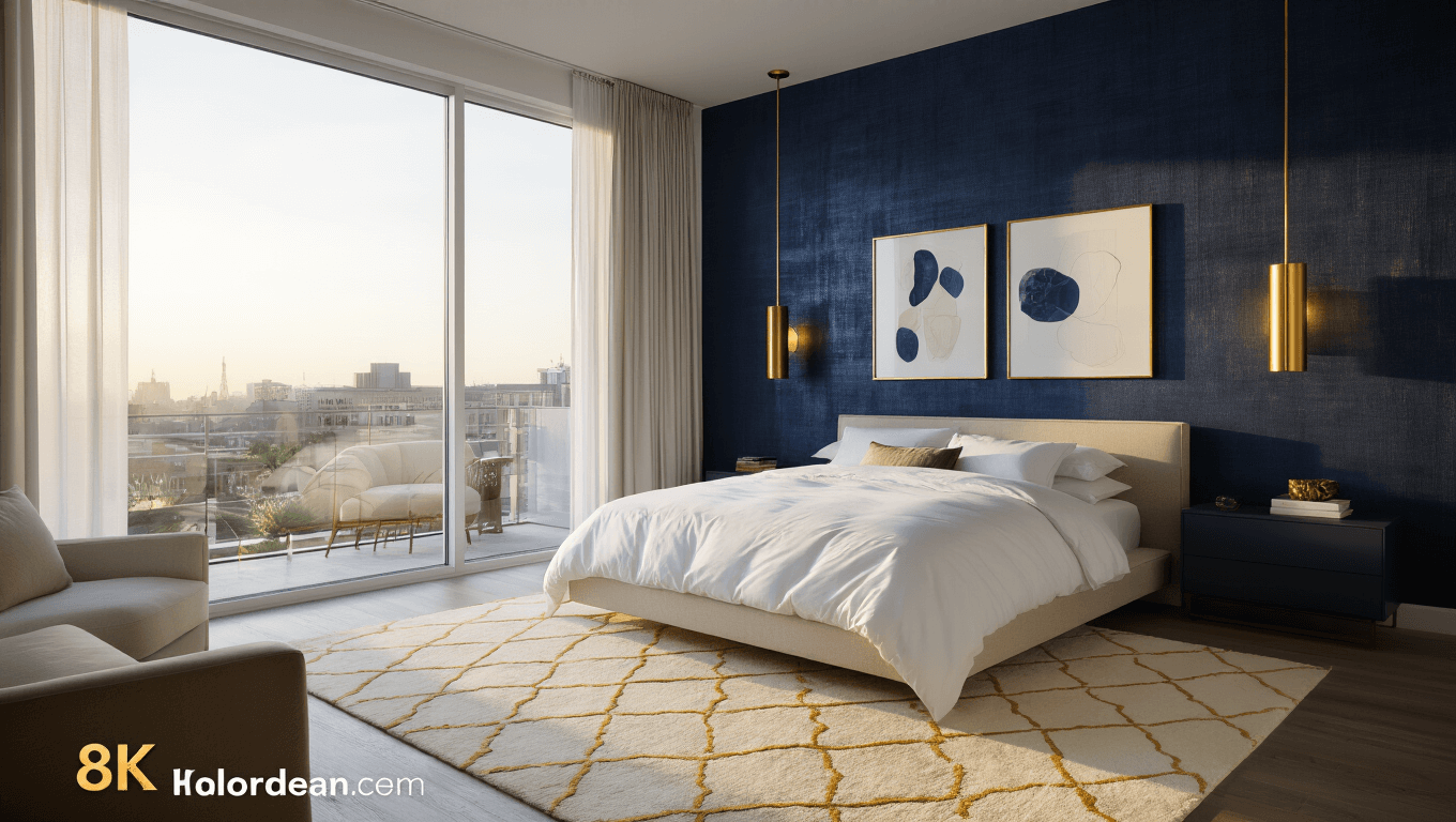 A luxurious modern bedroom featuring a navy blue accent wall, low-profile bed with white linens, golden hour light from floor-to-ceiling windows, and elegant decor, captured in photorealistic style.