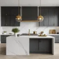 Hyperrealistic wide-angle shot of a luxury modern kitchen featuring slate gray shaker cabinets, a white quartz waterfall island, and dramatic morning light illuminating the space. The design includes brass pendant lights, wide-plank white oak flooring, minimal styling with copper cookware and fresh herbs, a herringbone marble backsplash, and high-end appliances, all captured in warm golden hour lighting with a subtle depth of field.