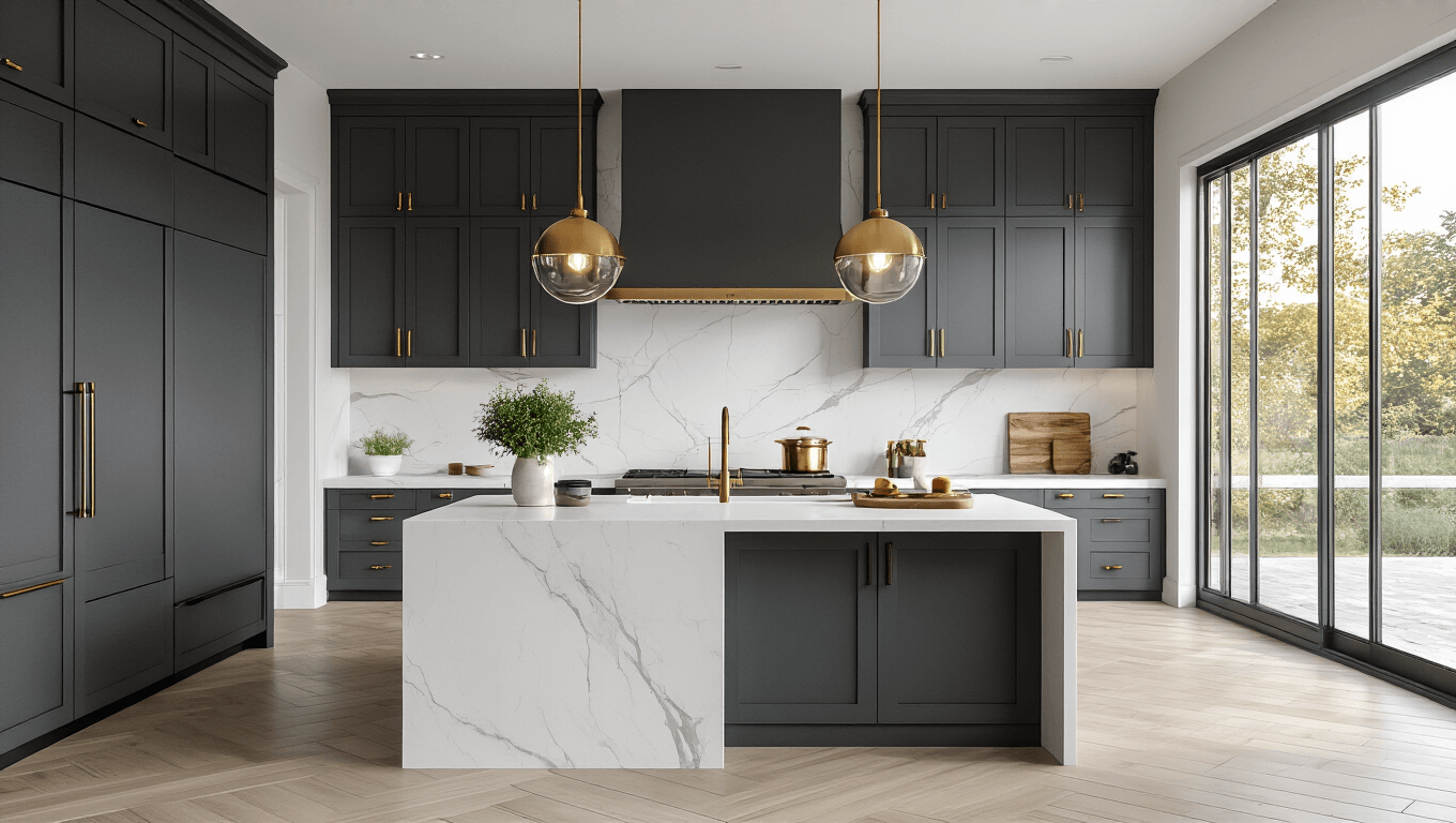 Hyperrealistic wide-angle shot of a luxury modern kitchen featuring slate gray shaker cabinets, a white quartz waterfall island, and dramatic morning light illuminating the space. The design includes brass pendant lights, wide-plank white oak flooring, minimal styling with copper cookware and fresh herbs, a herringbone marble backsplash, and high-end appliances, all captured in warm golden hour lighting with a subtle depth of field.