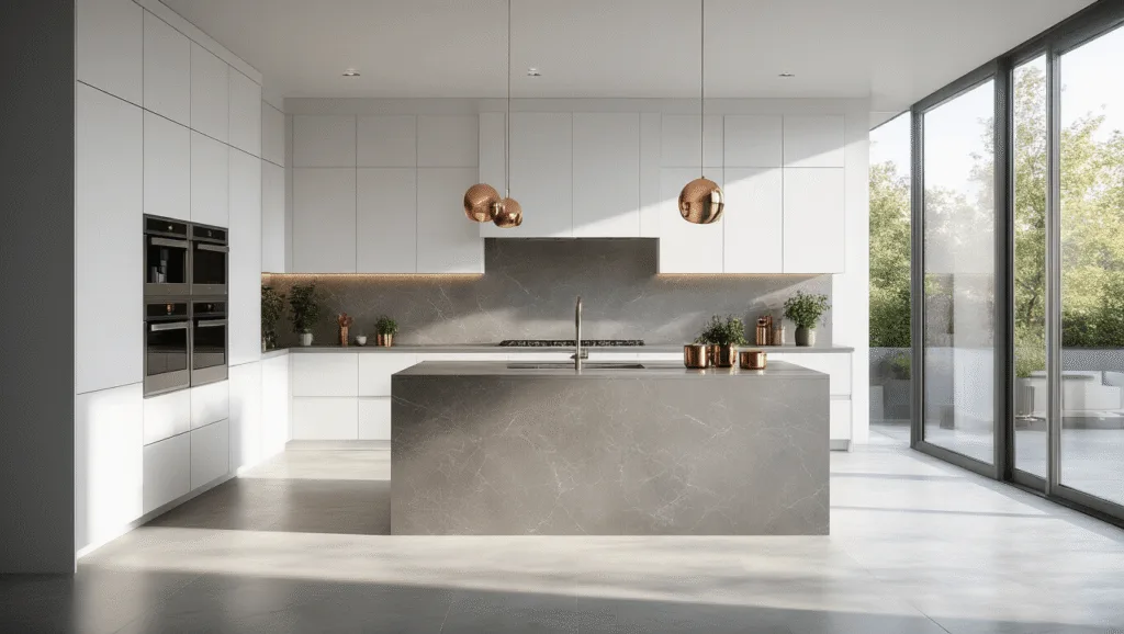 Crafting Functional Kitchen Cabinets: Your Ultimate Design Guide Photorealistic modern luxury kitchen featuring floor-to-ceiling white matte cabinets, dove grey quartz waterfall island, stainless steel appliances, marble backsplash, and ample natural light from floor-to-ceiling windows, accented with copper cookware and fresh herbs.