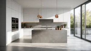 Crafting Functional Kitchen Cabinets: Your Ultimate Design Guide Photorealistic modern luxury kitchen featuring floor-to-ceiling white matte cabinets, dove grey quartz waterfall island, stainless steel appliances, marble backsplash, and ample natural light from floor-to-ceiling windows, accented with copper cookware and fresh herbs.