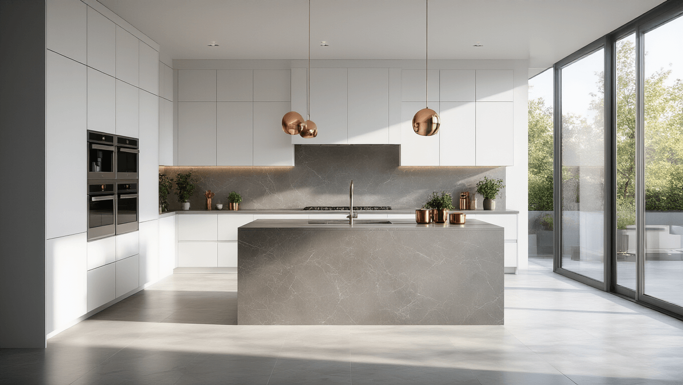 Photorealistic modern luxury kitchen featuring floor-to-ceiling white matte cabinets, dove grey quartz waterfall island, stainless steel appliances, marble backsplash, and ample natural light from floor-to-ceiling windows, accented with copper cookware and fresh herbs.