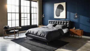 Bedroom Ideas for Men: Creating a Bold and Stylish Personal Sanctuary A luxurious masculine bedroom featuring a low-profile platform bed with charcoal gray linens and a black leather tufted headboard, set against a navy accent wall. Natural sunlight floods the space through floor-to-ceiling windows, creating dramatic shadows on polished concrete floors. Industrial black metal pendant lights hang asymmetrically, complemented by mid-century modern walnut side tables with brass lamps. A geometric charcoal wool rug, a large monochrome abstract canvas, and a fiddle leaf fig plant in a black planter complete the design, all captured in a cinematic wide-angle shot.