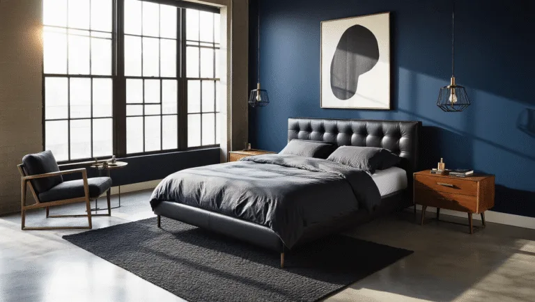 A luxurious masculine bedroom featuring a low-profile platform bed with charcoal gray linens and a black leather tufted headboard, set against a navy accent wall. Natural sunlight floods the space through floor-to-ceiling windows, creating dramatic shadows on polished concrete floors. Industrial black metal pendant lights hang asymmetrically, complemented by mid-century modern walnut side tables with brass lamps. A geometric charcoal wool rug, a large monochrome abstract canvas, and a fiddle leaf fig plant in a black planter complete the design, all captured in a cinematic wide-angle shot.