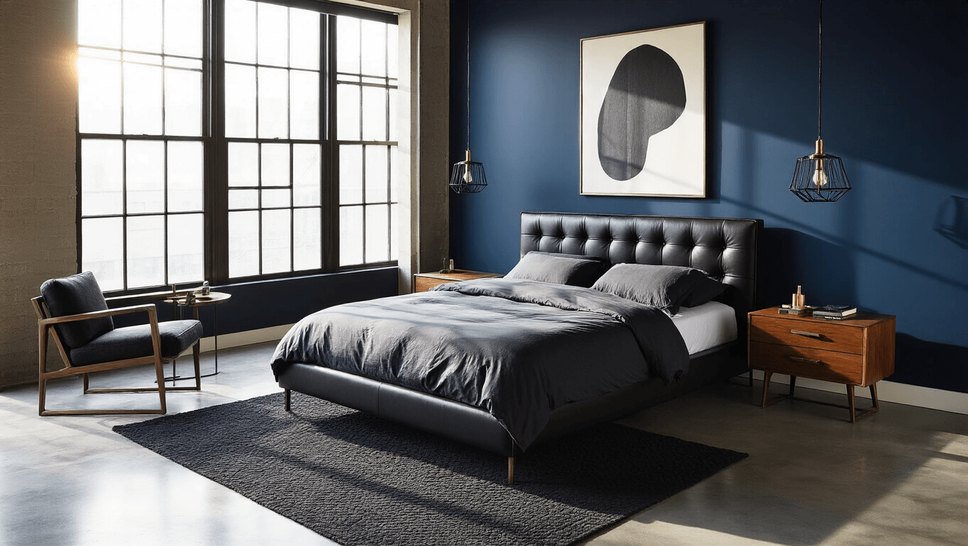 A luxurious masculine bedroom featuring a low-profile platform bed with charcoal gray linens and a black leather tufted headboard, set against a navy accent wall. Natural sunlight floods the space through floor-to-ceiling windows, creating dramatic shadows on polished concrete floors. Industrial black metal pendant lights hang asymmetrically, complemented by mid-century modern walnut side tables with brass lamps. A geometric charcoal wool rug, a large monochrome abstract canvas, and a fiddle leaf fig plant in a black planter complete the design, all captured in a cinematic wide-angle shot.