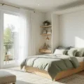 A photorealistic wide-angle view of a compact modern minimalist bedroom featuring a Murphy bed, built-in shelving, and a fold-down desk, all bathed in morning sunlight from floor-to-ceiling windows, showcasing a soft sage green and cream color palette with layered textures and metallic accents.