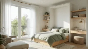 Transforming Small Bedrooms: Genius Space-Maximizing Design Secrets A photorealistic wide-angle view of a compact modern minimalist bedroom featuring a Murphy bed, built-in shelving, and a fold-down desk, all bathed in morning sunlight from floor-to-ceiling windows, showcasing a soft sage green and cream color palette with layered textures and metallic accents.