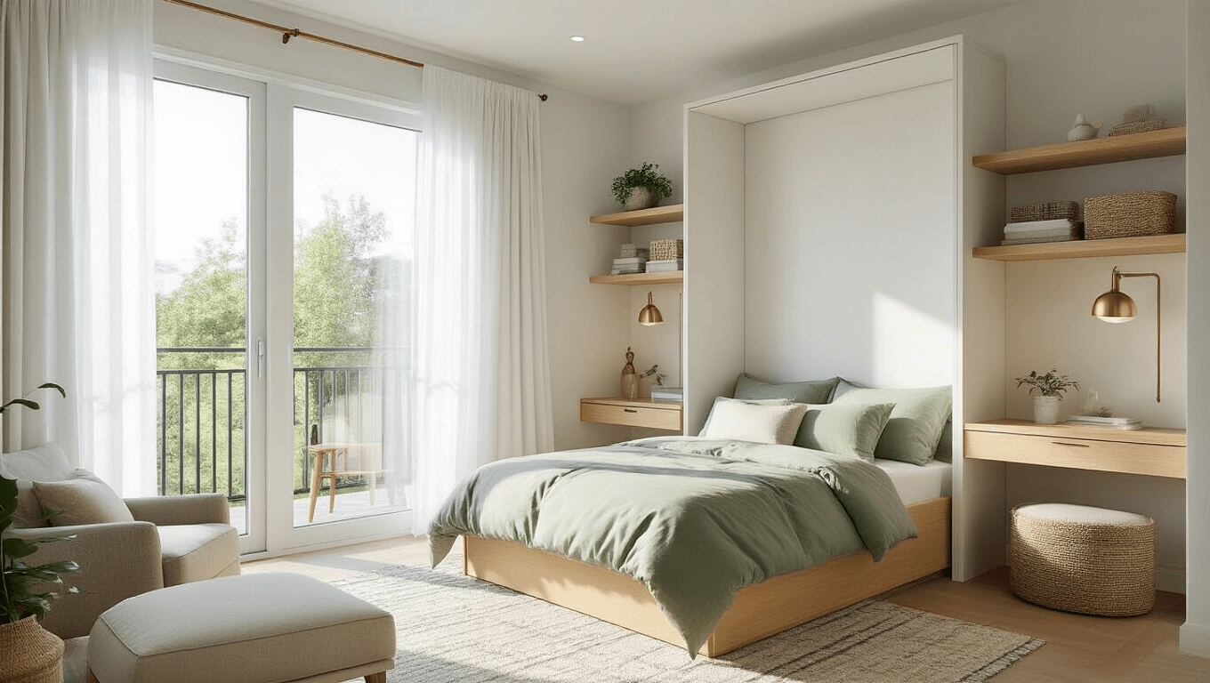 A photorealistic wide-angle view of a compact modern minimalist bedroom featuring a Murphy bed, built-in shelving, and a fold-down desk, all bathed in morning sunlight from floor-to-ceiling windows, showcasing a soft sage green and cream color palette with layered textures and metallic accents.