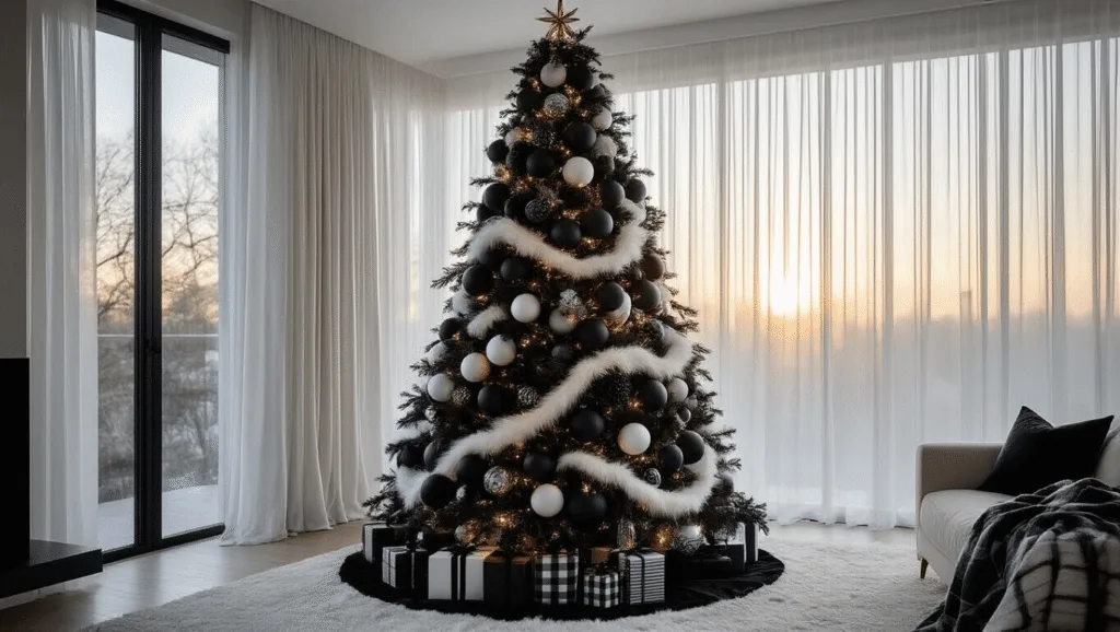 Black and White Christmas Tree Decorations: A Sophisticated Holiday Style Guide Modern monochrome Christmas tree in a luxurious living room, featuring a 12-foot tree decorated with black and white geometric baubles, plush white fur ribbons, and metallic accents, illuminated by golden hour light filtering through sheer curtains, with minimalist furniture and a cinematic backdrop.