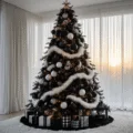 Modern monochrome Christmas tree in a luxurious living room, featuring a 12-foot tree decorated with black and white geometric baubles, plush white fur ribbons, and metallic accents, illuminated by golden hour light filtering through sheer curtains, with minimalist furniture and a cinematic backdrop.