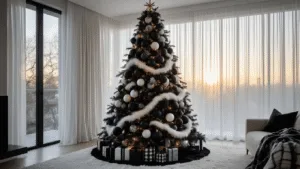 Black and White Christmas Tree Decorations: A Sophisticated Holiday Style Guide Modern monochrome Christmas tree in a luxurious living room, featuring a 12-foot tree decorated with black and white geometric baubles, plush white fur ribbons, and metallic accents, illuminated by golden hour light filtering through sheer curtains, with minimalist furniture and a cinematic backdrop.