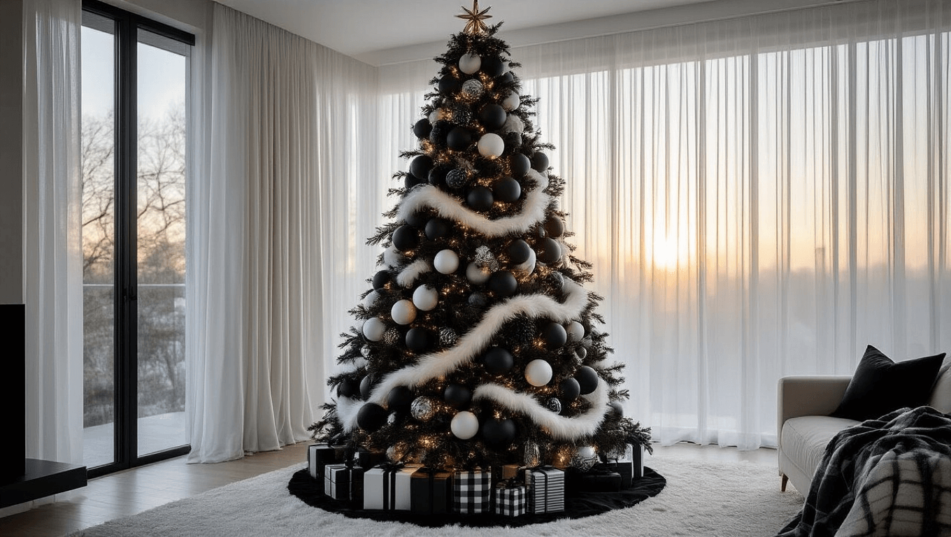 Modern monochrome Christmas tree in a luxurious living room, featuring a 12-foot tree decorated with black and white geometric baubles, plush white fur ribbons, and metallic accents, illuminated by golden hour light filtering through sheer curtains, with minimalist furniture and a cinematic backdrop.