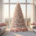 Photorealistic interior of a luxurious modern living room at golden hour, featuring a 7.5ft flocked white Christmas tree adorned with pink ornaments and crystal garlands, warm sunlight illuminating the scene with a minimalist grey sectional and plush pink accents in the background.