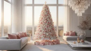 White Christmas Tree with Pink Decorations: A Chic and Modern Holiday Styling Guide Photorealistic interior of a luxurious modern living room at golden hour, featuring a 7.5ft flocked white Christmas tree adorned with pink ornaments and crystal garlands, warm sunlight illuminating the scene with a minimalist grey sectional and plush pink accents in the background.