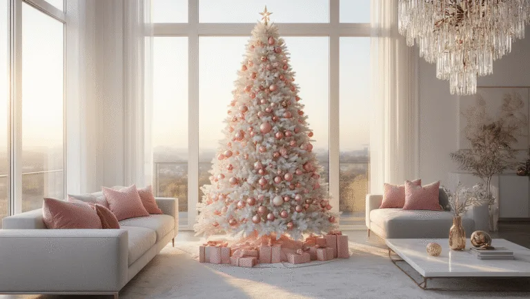 Photorealistic interior of a luxurious modern living room at golden hour, featuring a 7.5ft flocked white Christmas tree adorned with pink ornaments and crystal garlands, warm sunlight illuminating the scene with a minimalist grey sectional and plush pink accents in the background.