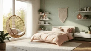 Designing the Perfect Girl's Bedroom: A Comprehensive Guide to Timeless and Adaptable Spaces A bright, modern bedroom featuring a platform bed with blush pink and cream linens, a sage green accent wall, and natural wood flooring, illuminated by golden morning sunlight through floor-to-ceiling windows. The space includes a hanging rattan chair, floating white shelves with books and crystals, a macramé wall hanging, a geometric copper pendant light, and indoor plants, all captured in photorealistic detail.