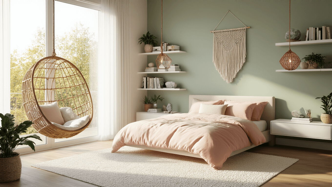 A bright, modern bedroom featuring a platform bed with blush pink and cream linens, a sage green accent wall, and natural wood flooring, illuminated by golden morning sunlight through floor-to-ceiling windows. The space includes a hanging rattan chair, floating white shelves with books and crystals, a macramé wall hanging, a geometric copper pendant light, and indoor plants, all captured in photorealistic detail.