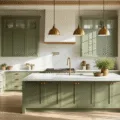 A contemporary kitchen with sage green shaker cabinets, brass hardware, and white Carrara marble countertops, illuminated by natural daylight through large windows, featuring a spacious island, terracotta herb pots, and a glossy subway tile backsplash.