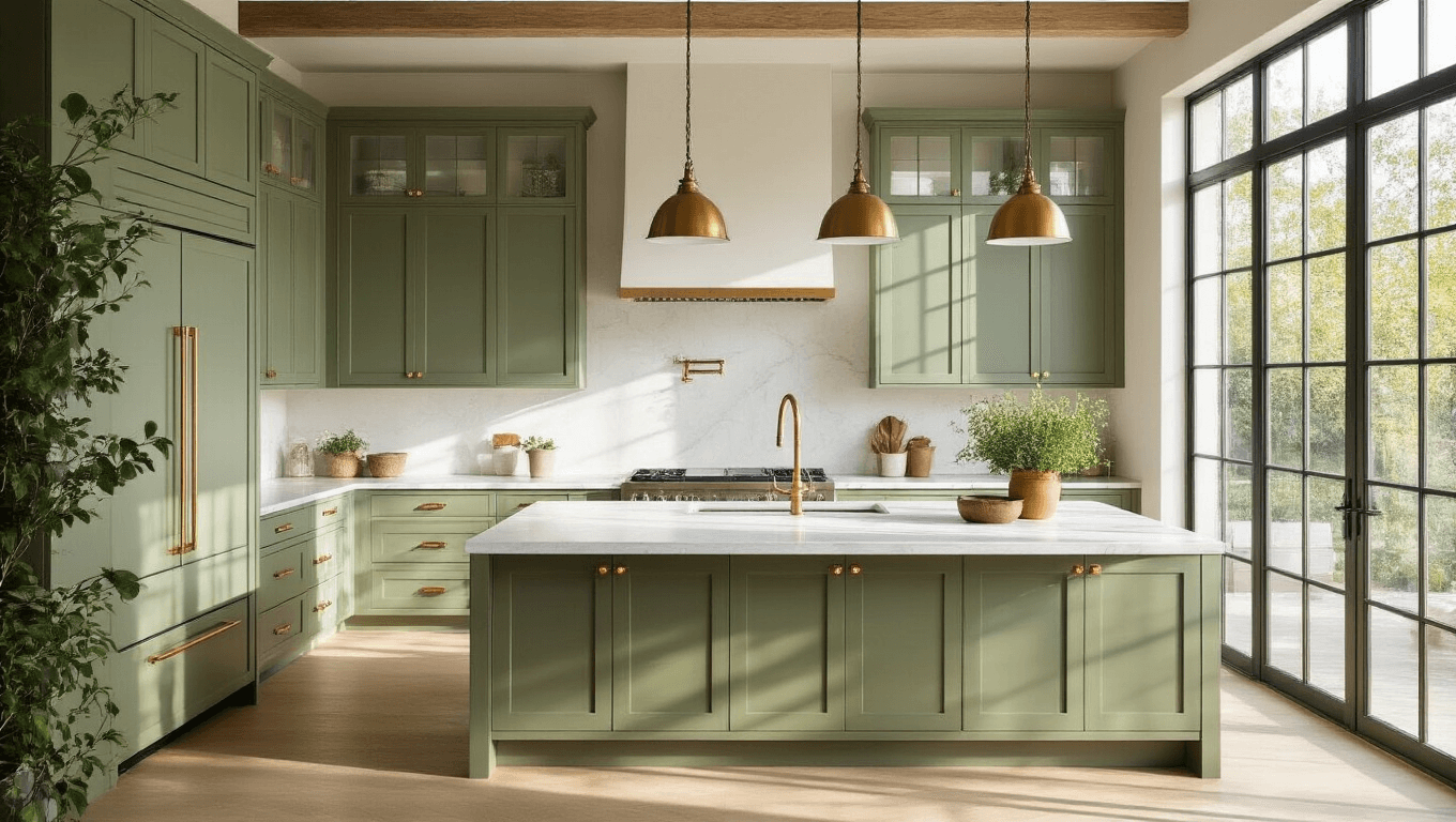 A contemporary kitchen with sage green shaker cabinets, brass hardware, and white Carrara marble countertops, illuminated by natural daylight through large windows, featuring a spacious island, terracotta herb pots, and a glossy subway tile backsplash.
