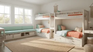 Shared Bedrooms: The Ultimate Guide to Creating a Functional and Stylish Space for Siblings Photorealistic shared kids' bedroom with weathered white oak bunk beds, mint green and coral study nooks, and natural light streaming through west-facing windows, featuring a jute rug and curated decor.