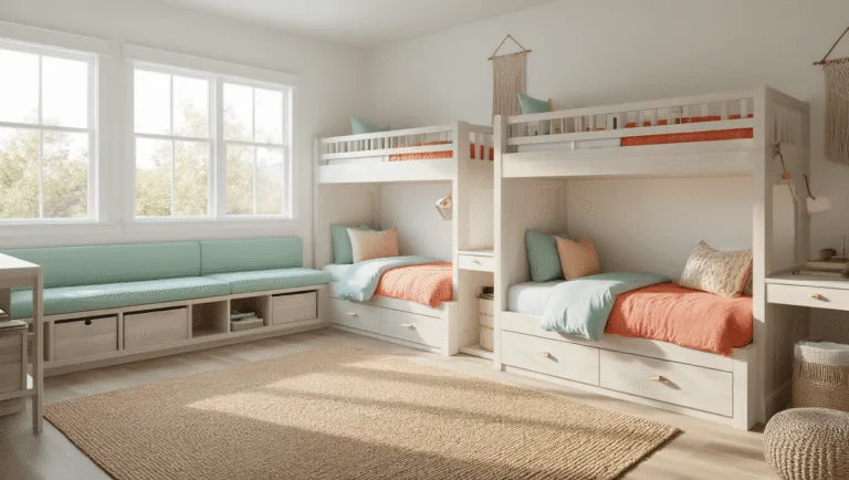 Photorealistic shared kids' bedroom with weathered white oak bunk beds, mint green and coral study nooks, and natural light streaming through west-facing windows, featuring a jute rug and curated decor.