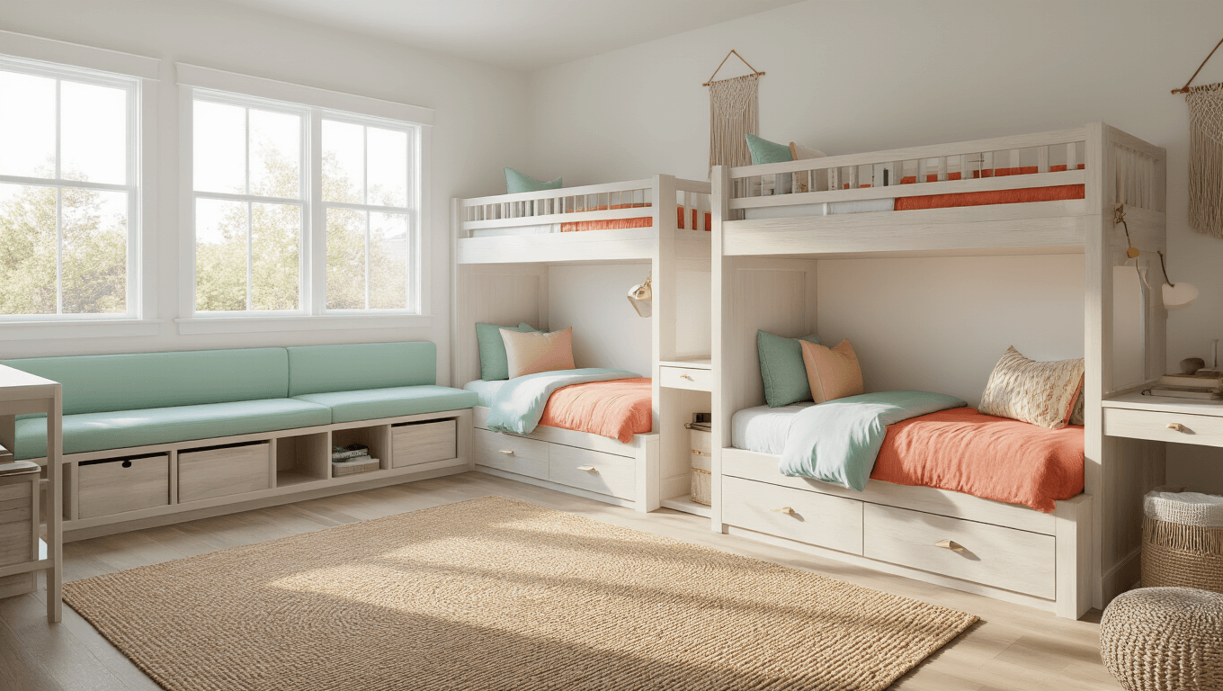 Photorealistic shared kids' bedroom with weathered white oak bunk beds, mint green and coral study nooks, and natural light streaming through west-facing windows, featuring a jute rug and curated decor.