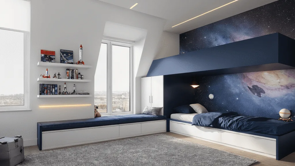 A spacious modern boys' bedroom featuring a navy blue loft bed with a desk, a space-themed mural, and warm wood accents, illuminated by golden hour sunlight through large windows.