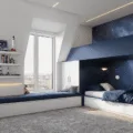 A spacious modern boys' bedroom featuring a navy blue loft bed with a desk, a space-themed mural, and warm wood accents, illuminated by golden hour sunlight through large windows.