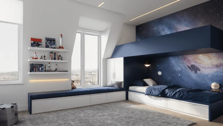 A spacious modern boys' bedroom featuring a navy blue loft bed with a desk, a space-themed mural, and warm wood accents, illuminated by golden hour sunlight through large windows.
