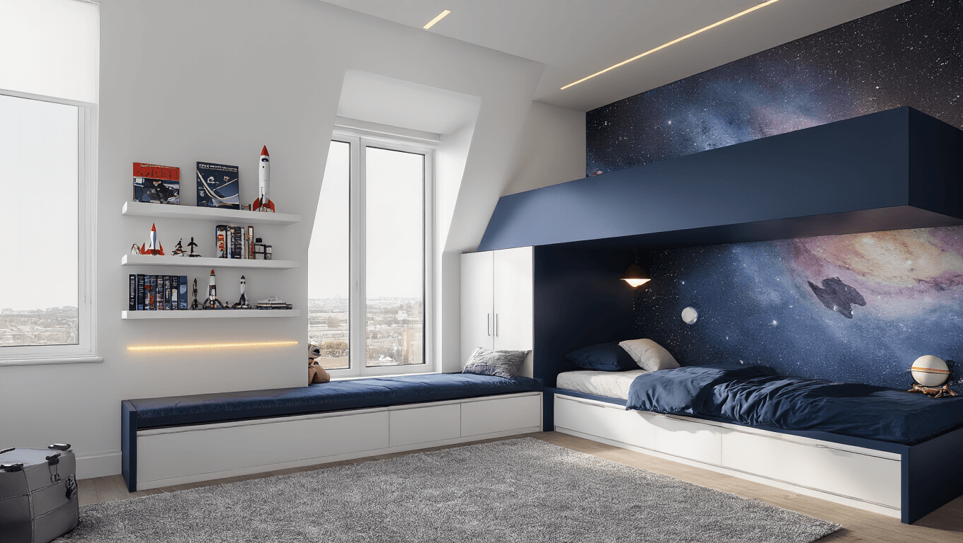 A spacious modern boys' bedroom featuring a navy blue loft bed with a desk, a space-themed mural, and warm wood accents, illuminated by golden hour sunlight through large windows.