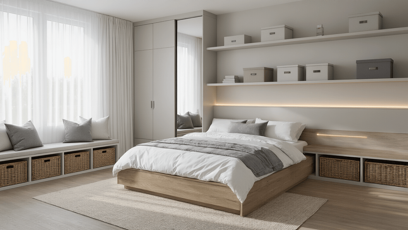A serene contemporary bedroom featuring a weathered oak storage bed, white linens, and gray pillows, with soft morning light, minimalist decor, and a muted color palette.