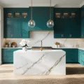 Photorealistic ultra-high-definition image of a luxurious contemporary teal kitchen featuring floor-to-ceiling cabinets, a Carrara marble waterfall island, brushed brass fixtures, and natural light streaming through large windows, complemented by herringbone flooring and elegant decorative elements.